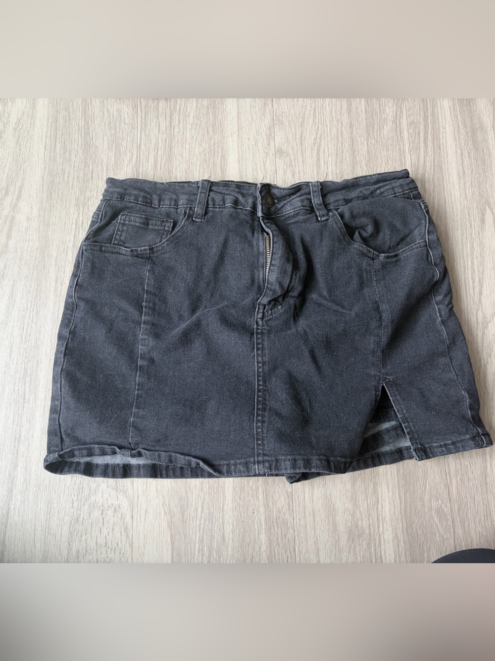 Women's Black Denim Mini Skirt with Front Slit